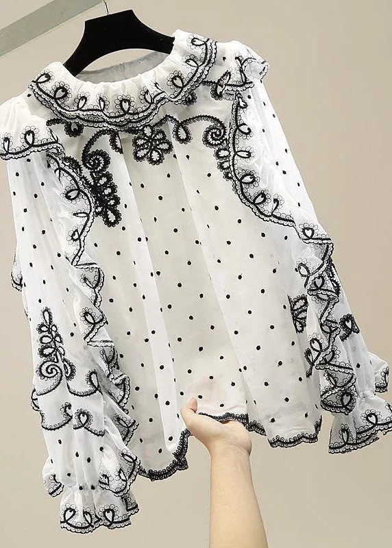 White Patchwork Chiffon Shirt Ruffled Embroidered Spring