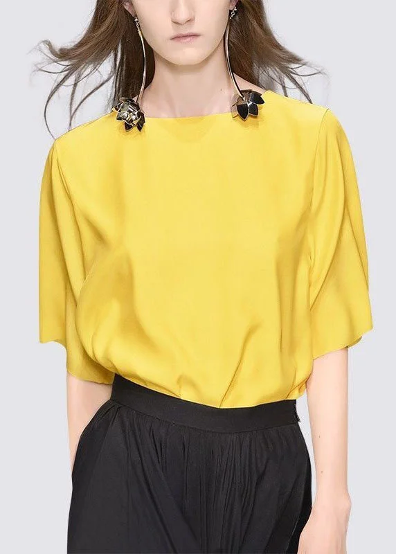 Women Yellow O Neck Patchwork Cotton T Shirt Tops Summer