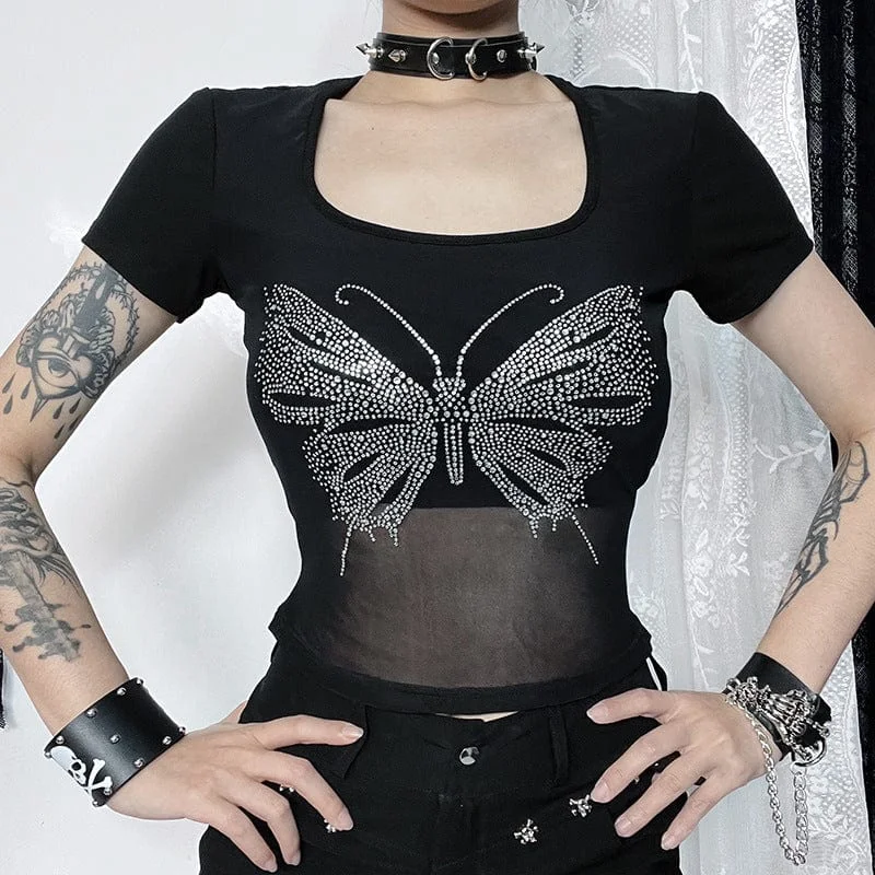 Women's Punk Square-cut Collar Butterfly Rhinestone Shirt