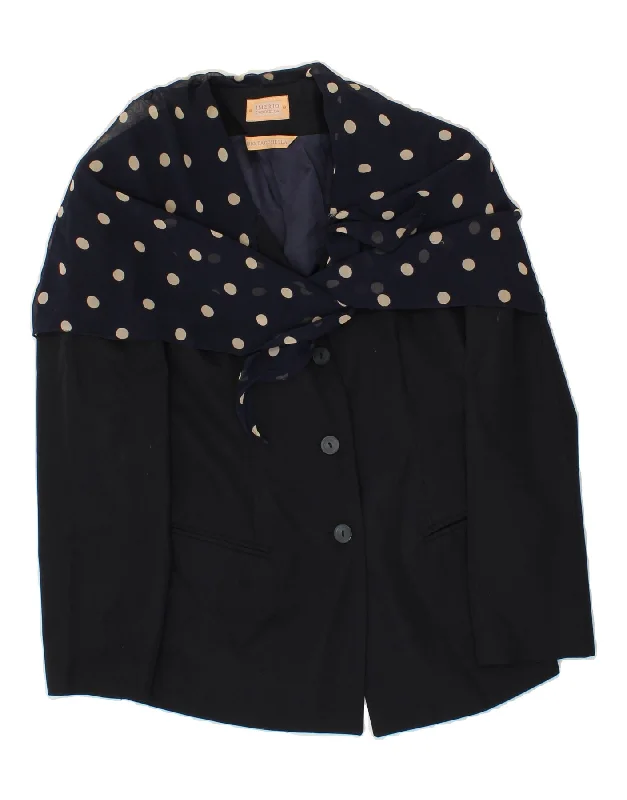 VINTAGE Womens 3 Button Blazer Jacket UK 12 Medium Navy Blue Polka Dot