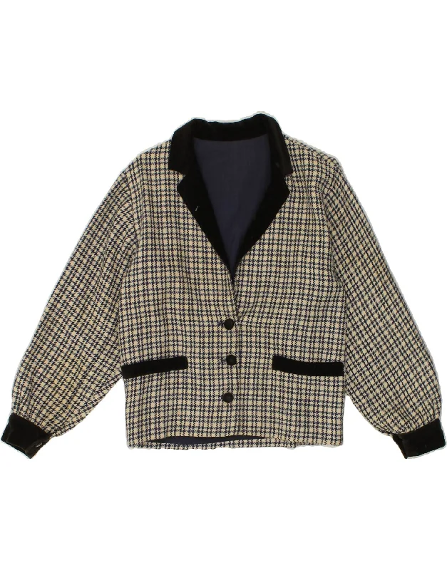 VINTAGE Womens 3 Button Blazer Jacket UK 14 Large Beige Houndstooth