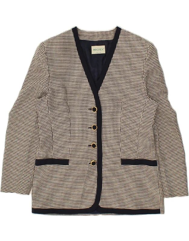 VINTAGE Womens 4 Button Blazer Jacket IT 50 XL Grey Houndstooth Polyester