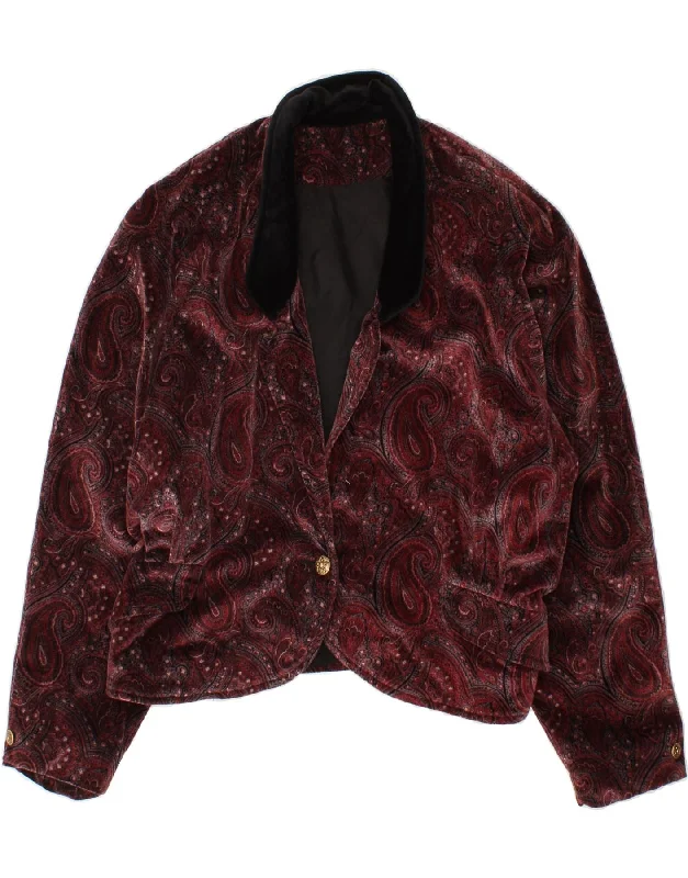 VINTAGE Womens Crop 1 Button Blazer Jacket UK 14 Large Burgundy Paisley