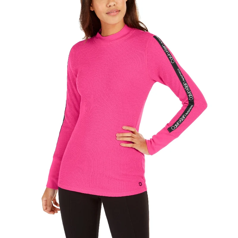 Calvin Klein Women's Performance Logo-Stripe Mock-Neck T-Shirt Bright Pink Size X-Large - XL