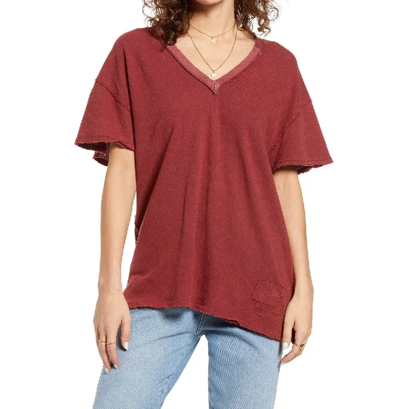 Free People Women's Distressed V-Neck T-Shirt Size Red Size X-Large