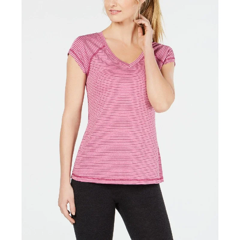 Ideology Women's Striped V-Neck T-Shirt Pink Size Large