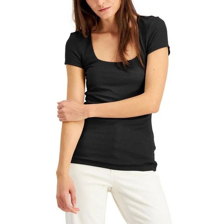 INC International Concepts Women's Ribbed Square Neck T-Shirt Black Size Large