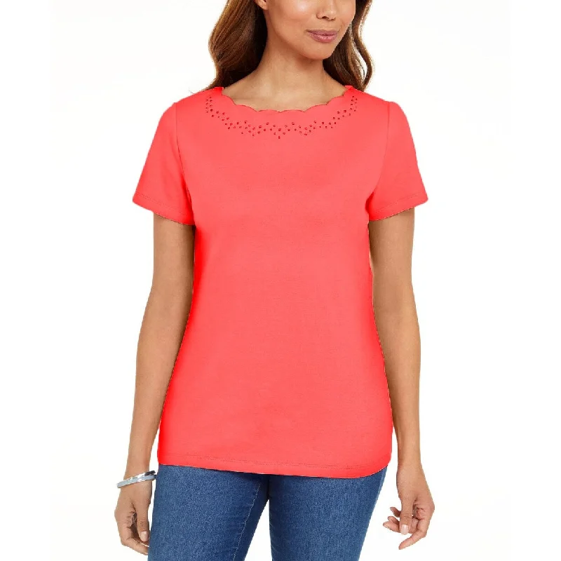 Karen Scott Women's Cotton Scalloped-Neck T-Shirt Orange Size Large