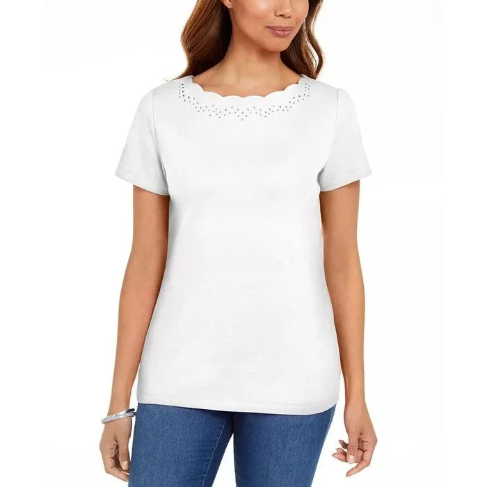 Karen Scott Women's Cotton Scalloped-Neck T-Shirt White Size Medium