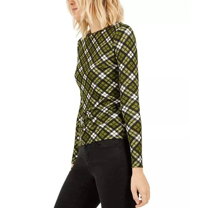 MICHAEL Michael Kors Women's Glen Plaid Long Sleeve T-Shirt Size L Green Size Large