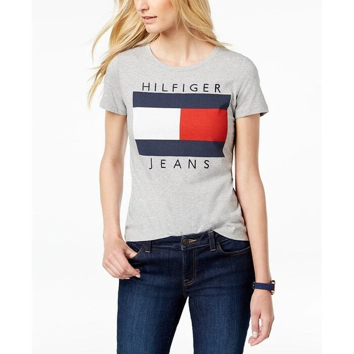 Tommy Hilfiger Women's Sport Logo Knot-Front T-Shirt Gray Size Small