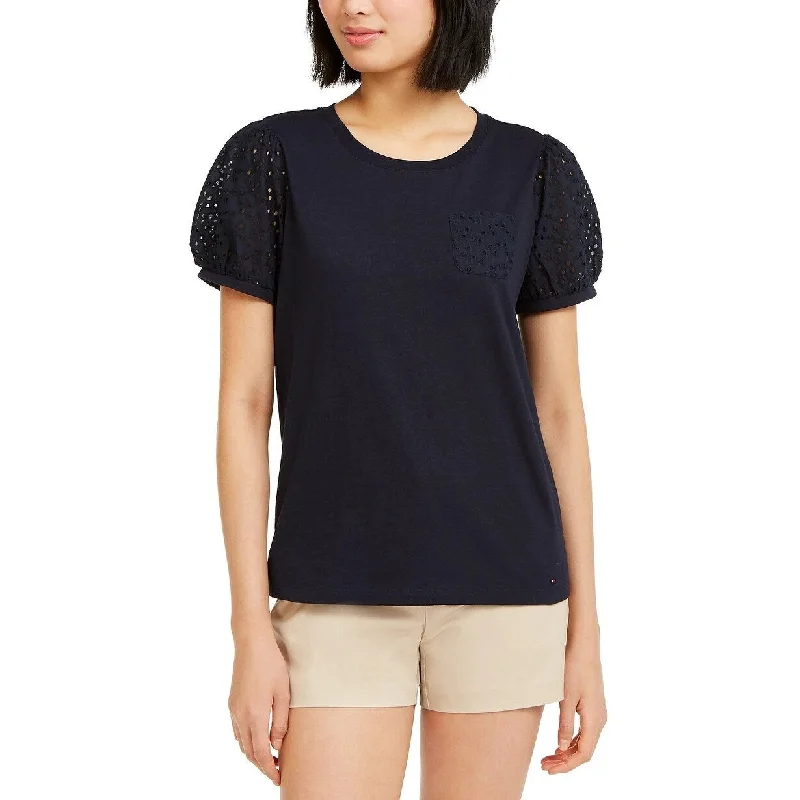 Tommy Hilfiger Women's Tommy Hilfiger Puff-Sleeve Eyelet T-Shirt Navy Size Extra Large - X-Large