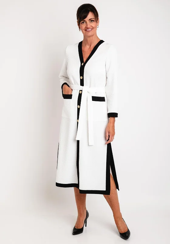 Camelot Jacquard, Black Trim Long Cardigan, White