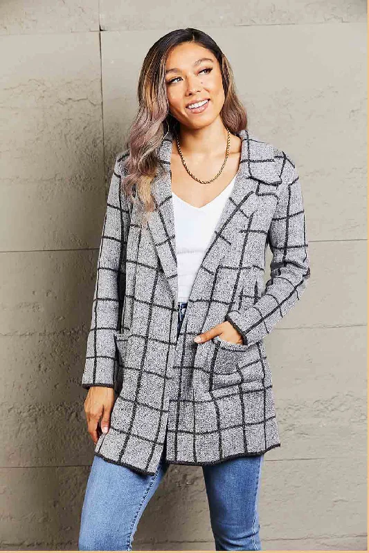 Double Take Printed Open Front Lapel Collar Cardigan with Pockets