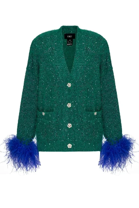 GREEN CARDIGAN WITH BLUE FEATHER-DETAILING