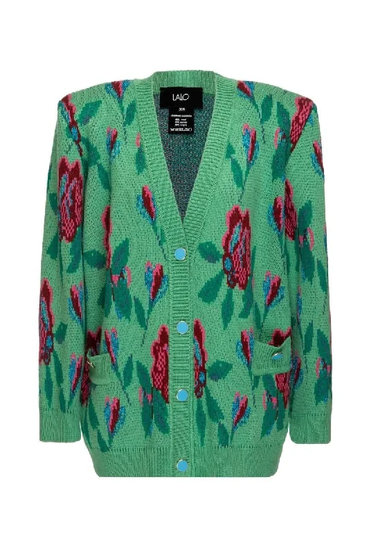 GREEN FLORAL DETAIL WOOL AND MOHAIR-BLEND CARDIGAN