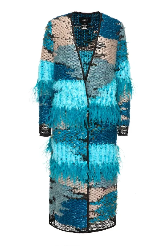 WOOL-BLEND FRINGED BLUE LONG-LINE CARDIGAN