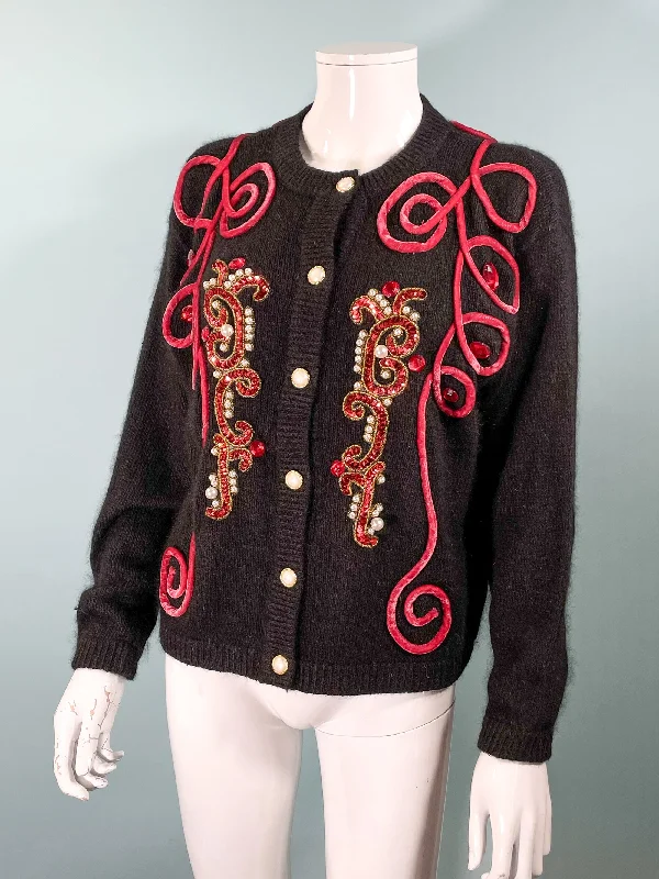 Tony Lambert Bejeweled Velvet Trim Cardigan Sweater, Black Angora/Wool/Silk Sweater S/M