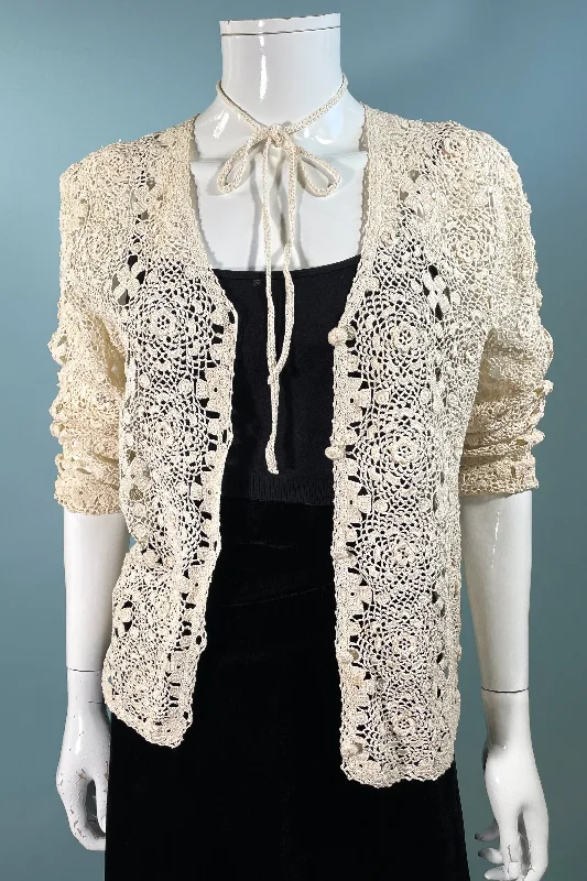 Vintage Hand Crochet Cardigan w/Belt, Cream Crochet Top S