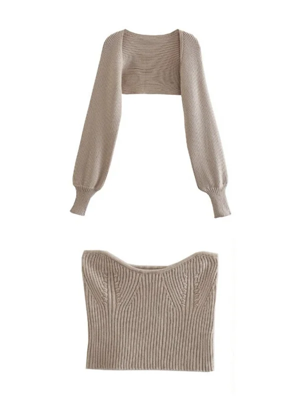 Women's Ribbed Knitted Bolero Cardigan Sweater - Two-Piece Set