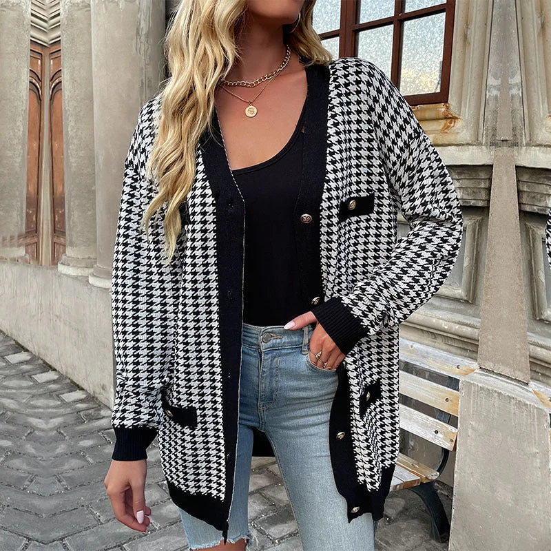 Houndstooth Button Down Cardigan: Loose Fit,  Drop Shoulders, Pockets