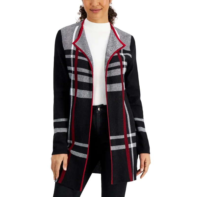 KASPER - Plaid Contrast-Trim Wing-Collar Cardigan